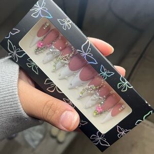 Pink and White Rhinestone Press-On Nails
